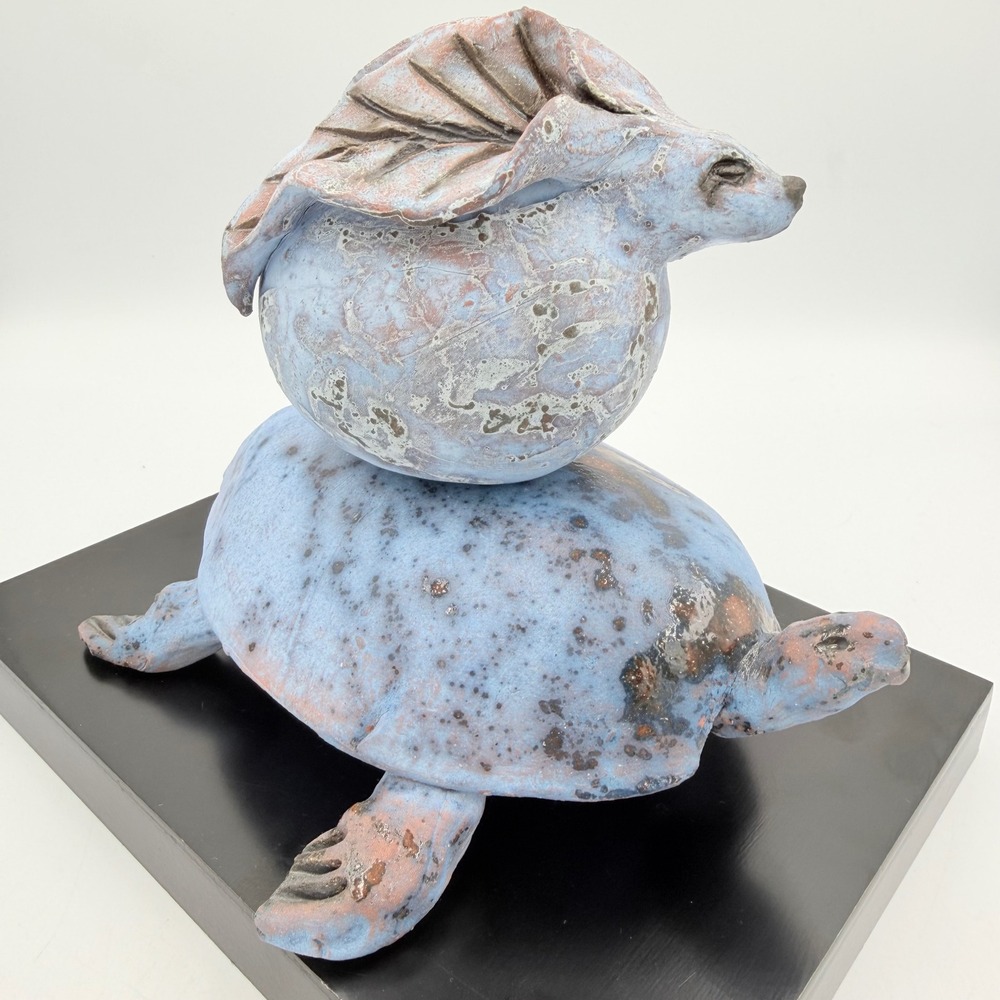 Pam Brewer Tortoise & Hare Ceramic Sculpture NC Studio Pottery Aesop Fable
